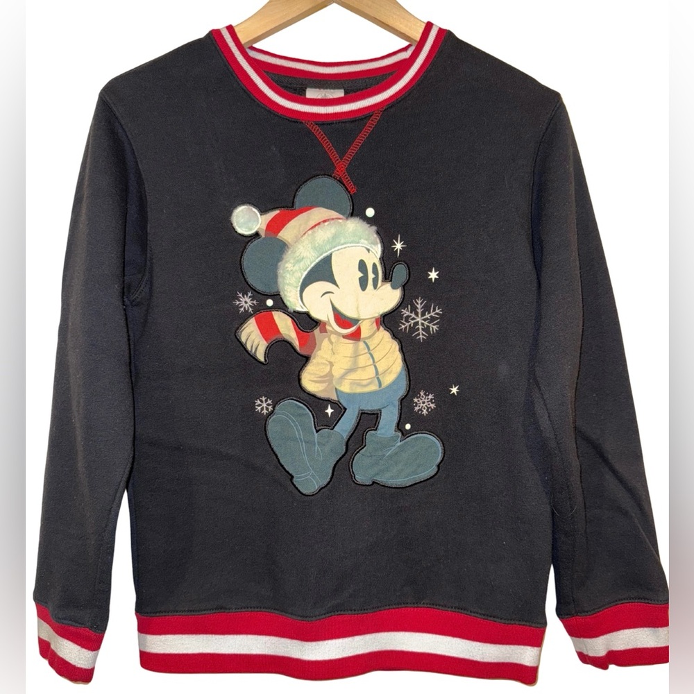 Disney Mickey Santa Christmas Sweatshirt Varsity Style Black Red Festive 14 Kids
